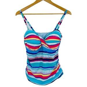 2Bamboo striped turquoise and coral multicolor striped tankini top size large